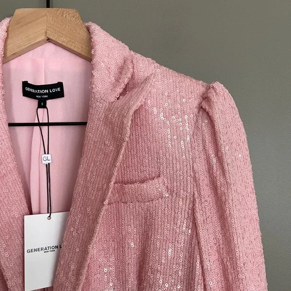 NWT GENERATION LOVE Serafina Sequin Blazer Light Pink Puff Sleeve Small Relaxed